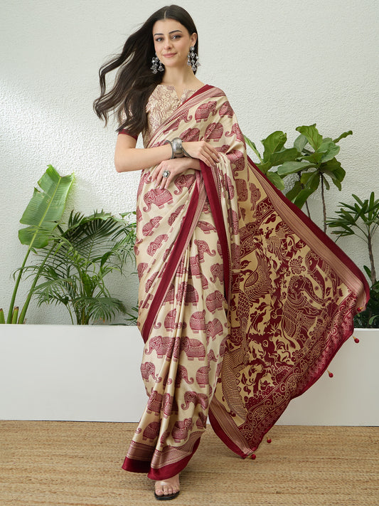 Beige & Maroon Crepe Silk Normal Drape Saree - Panaash Saree