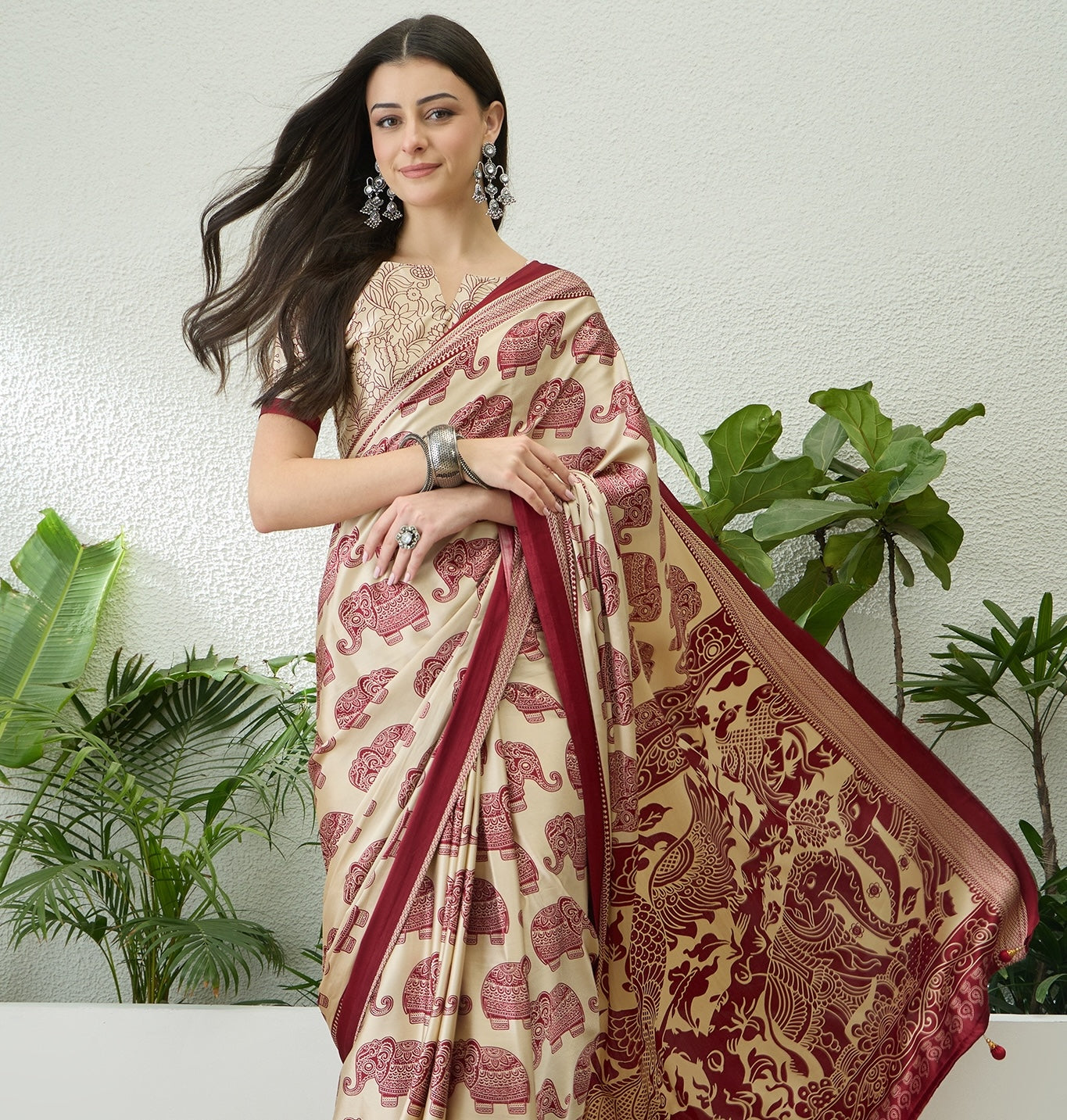 Beige & Maroon Crepe Silk Normal Drape Saree - Panaash Saree