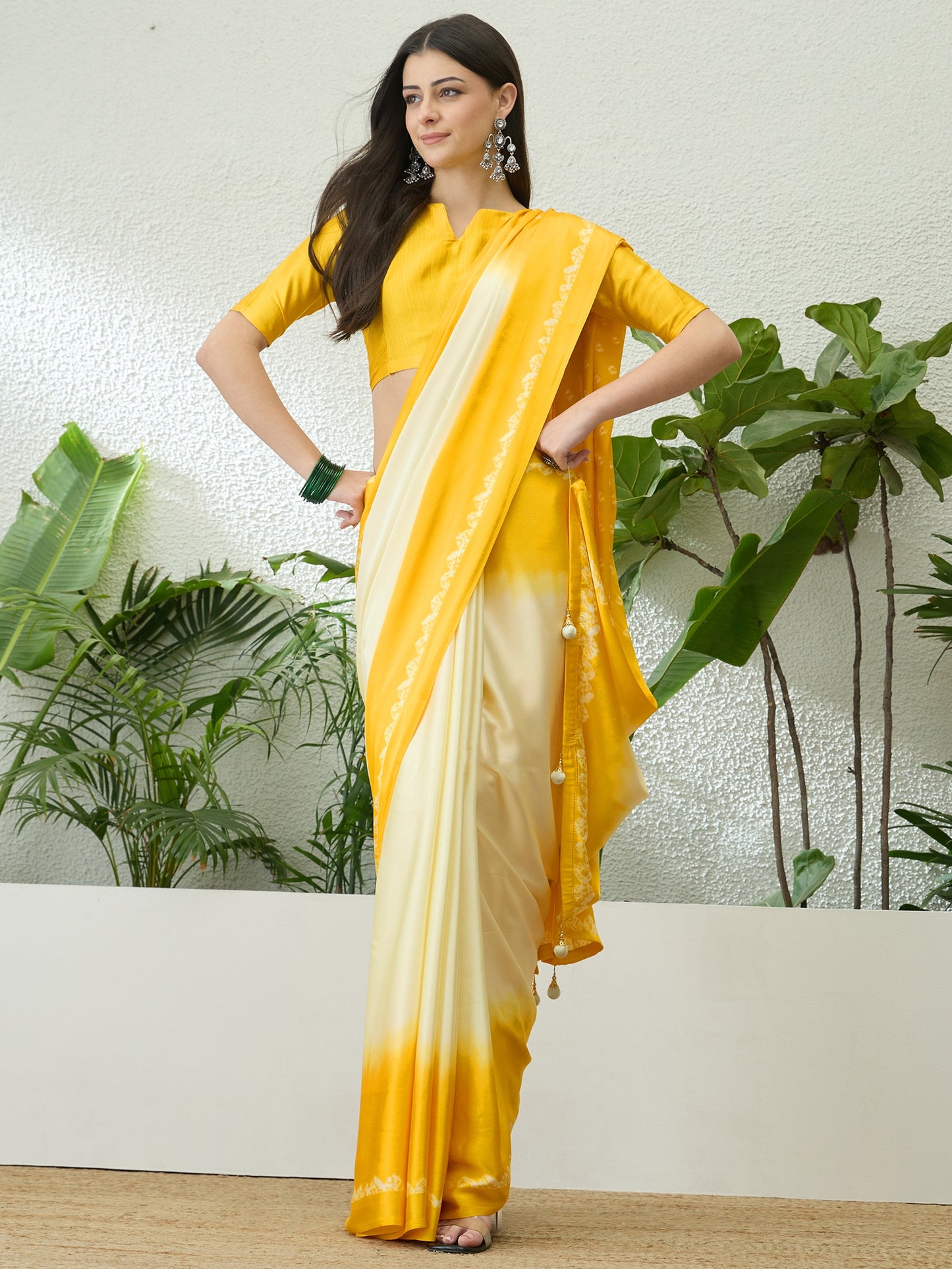 Bright Yellow Ombre Crepe Silk Readymade/Easy Saree - Panaash Saree