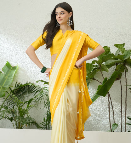 Bright Yellow Ombre Crepe Silk Readymade/Easy Saree - Panaash Saree