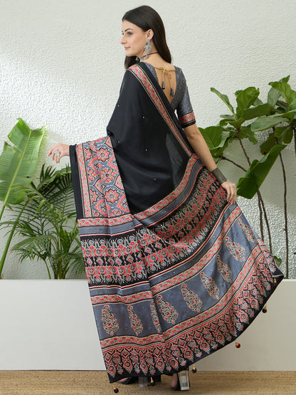 Black & Slate Grey Crepe Silk Readymade/Easy Saree - Panaash Saree