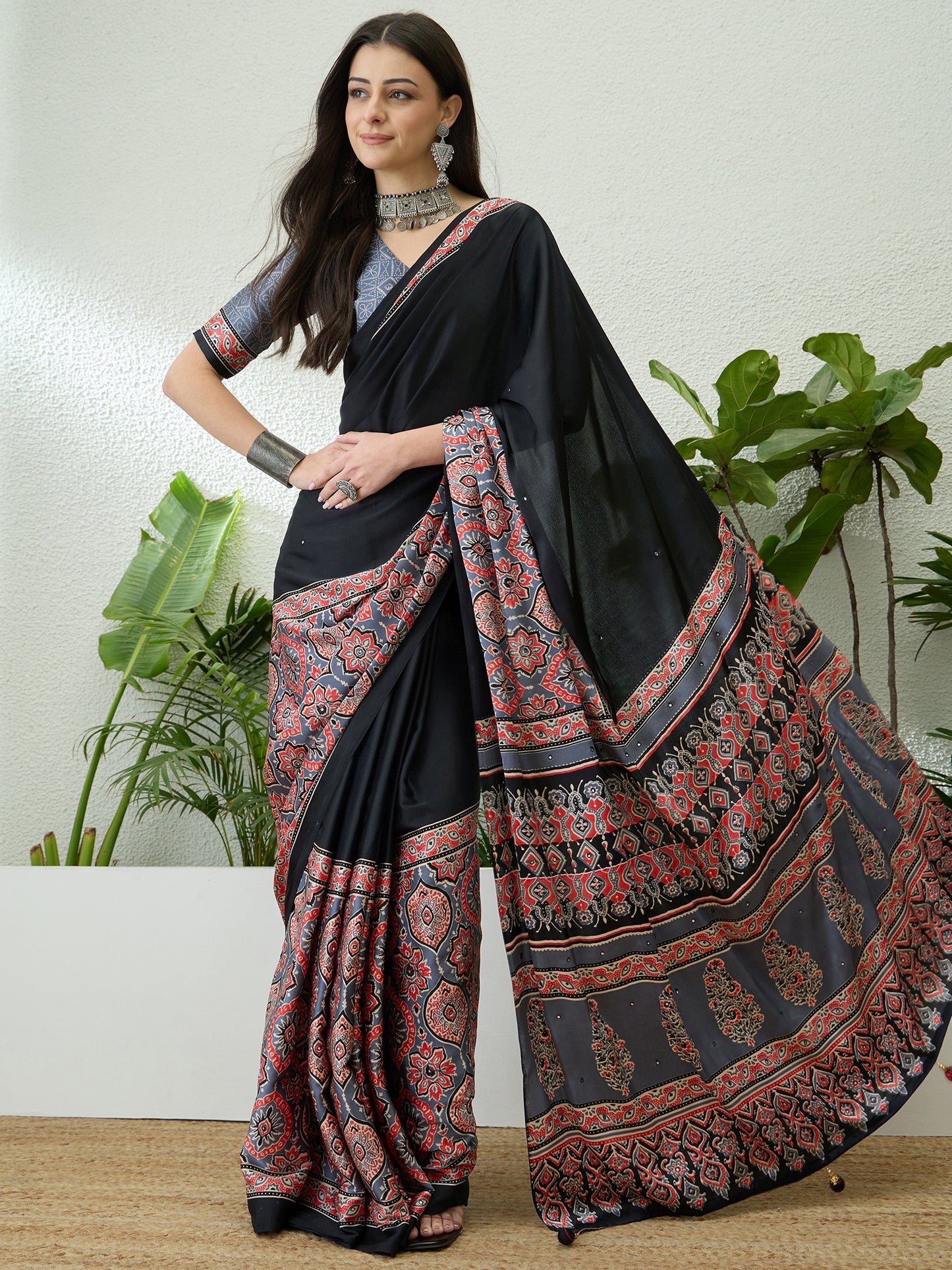 Black & Slate Grey Crepe Silk Readymade/Easy Saree - Panaash Saree