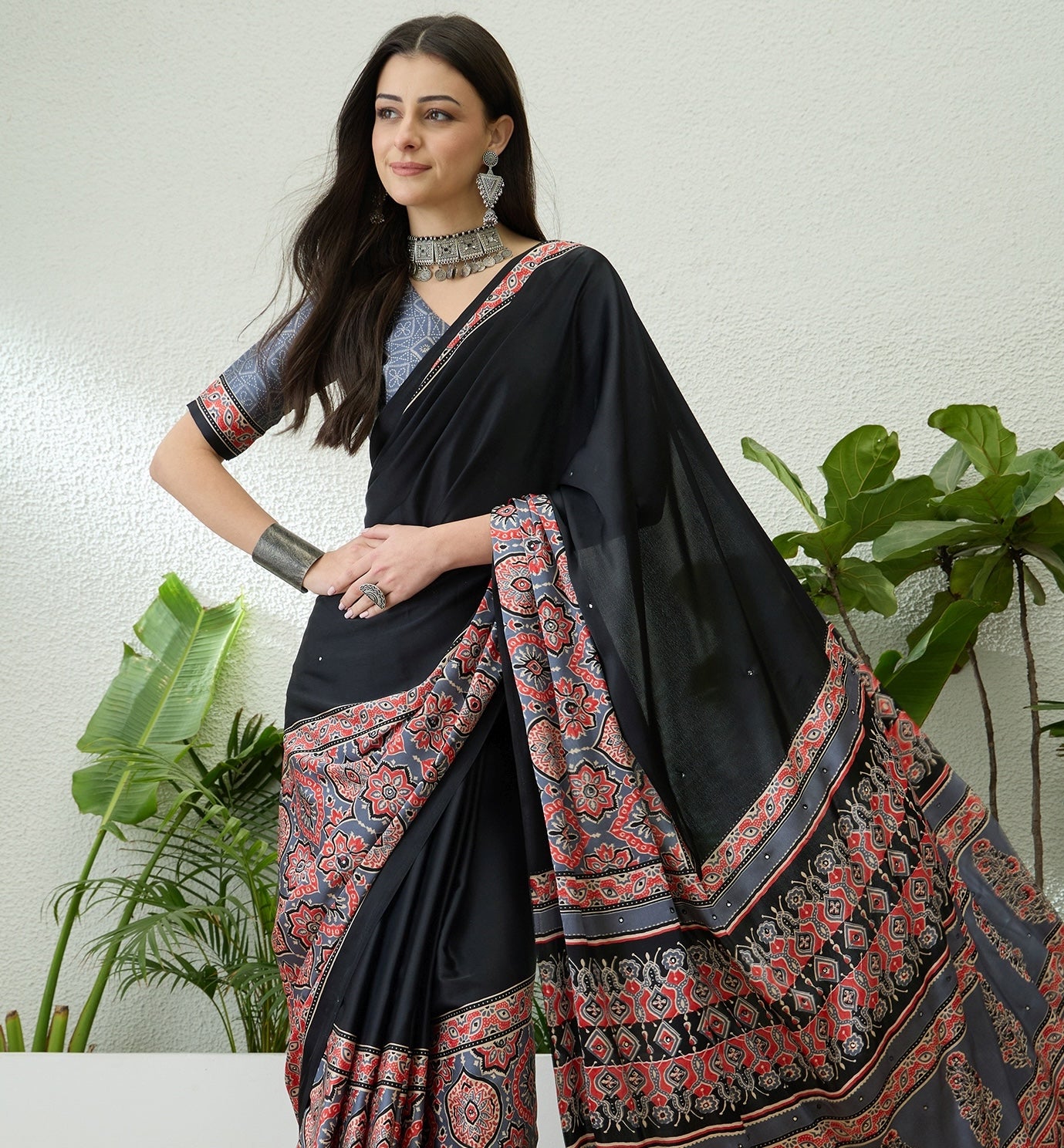 Black & Slate Grey Crepe Silk Readymade/Easy Saree - Panaash Saree