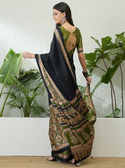 Black & Olive Green Crepe Silk Readymade/Easy Saree - Panaash Saree
