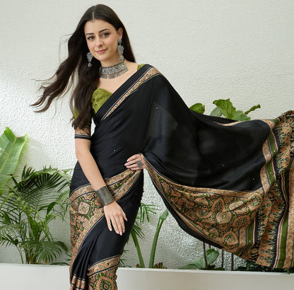 Black & Olive Green Crepe Silk Readymade/Easy Saree - Panaash Saree