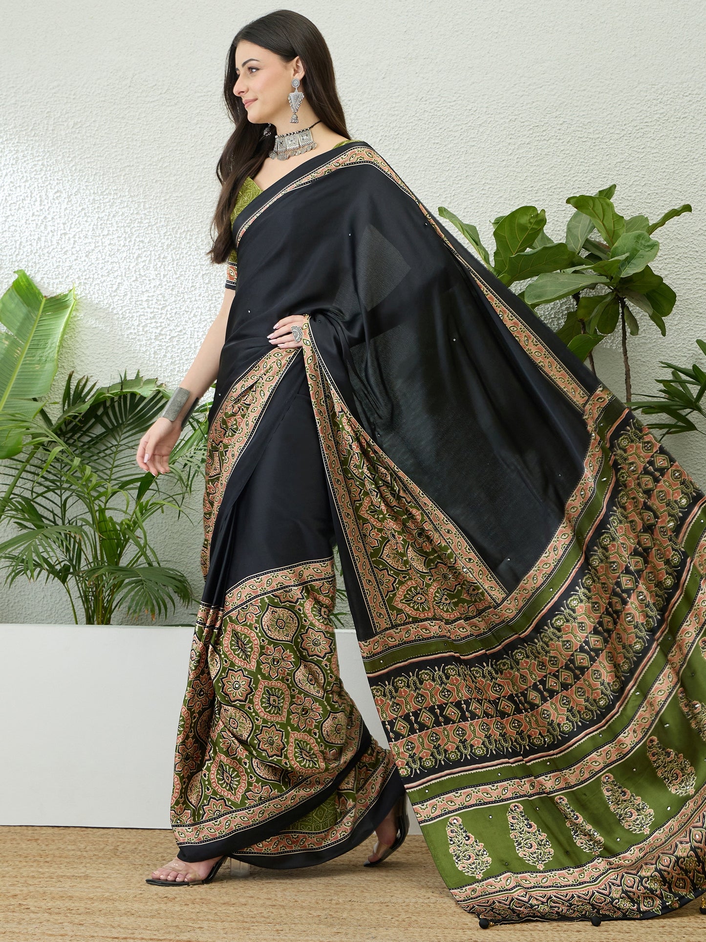 Black & Olive Green Crepe Silk Readymade/Easy Saree - Panaash Saree