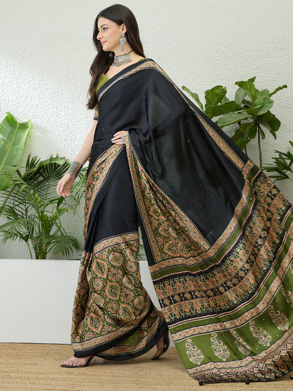 Black & Olive Green Crepe Silk Readymade/Easy Saree - Panaash Saree