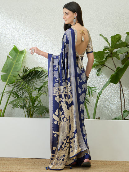 Navy Blue & Beige Crepe Silk Normal Drape Saree - Panaash Saree