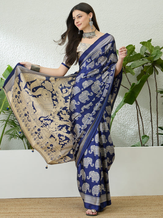 Navy Blue & Beige Crepe Silk Readymade/Easy Saree - Panaash Saree