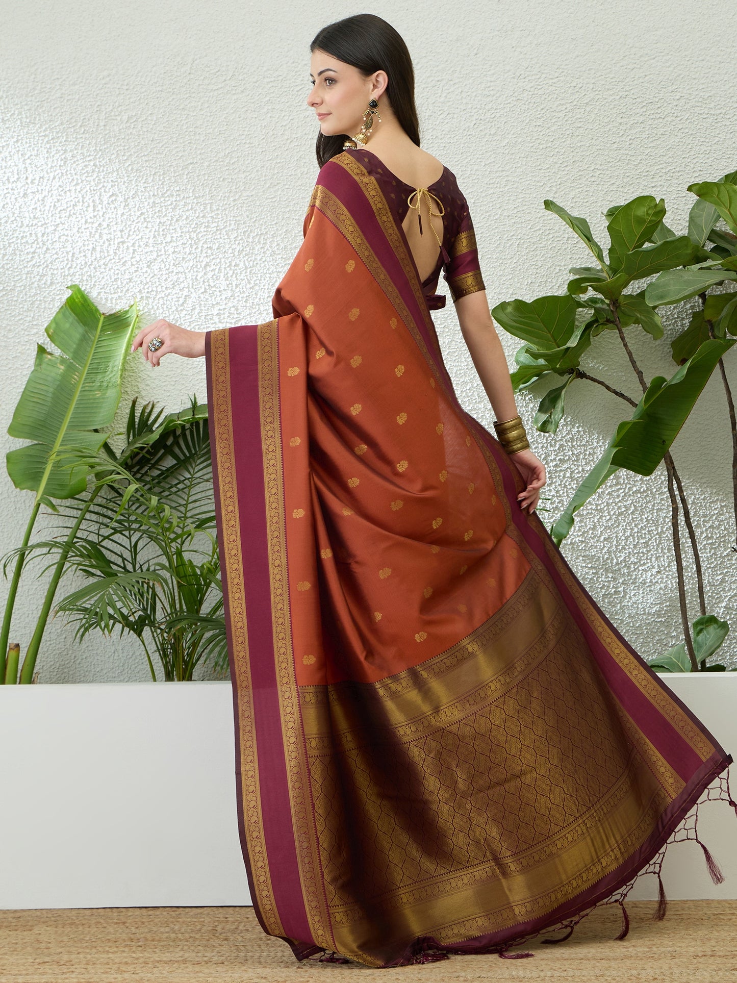 Burnt Orange Ready To Wear/Easy Kanjivaram Saree