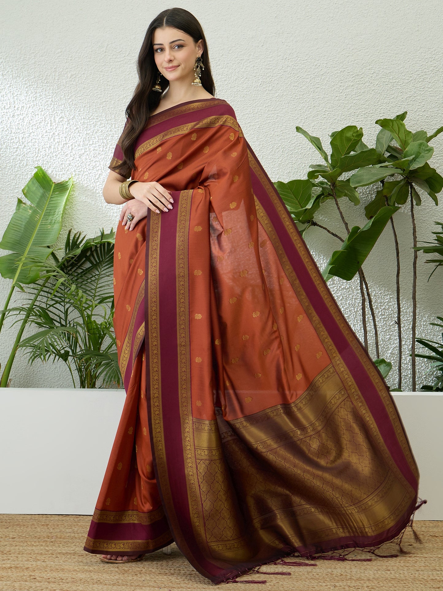Burnt Orange Ready To Wear/Easy Kanjivaram Saree