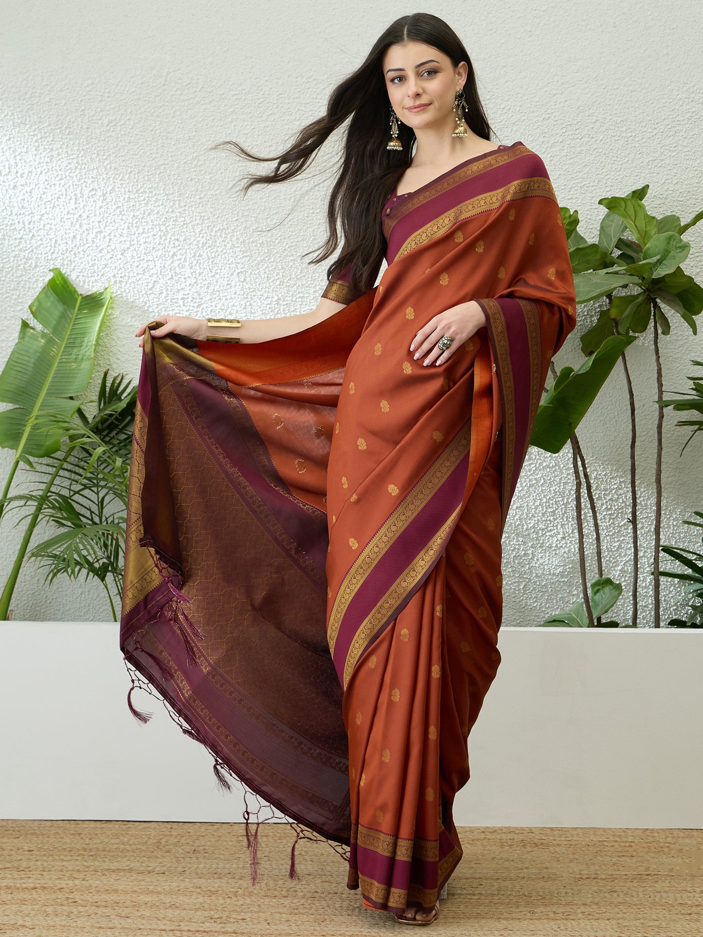 Burnt Orange Ready To Wear/Easy Kanjivaram Saree