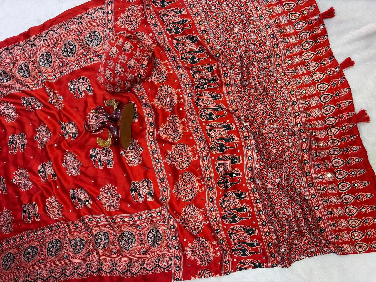 Red Mirror Crepe Silk Ready To Wear/Easy Saree