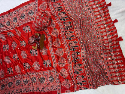 Red Mirror Crepe Silk Ready To Wear/Easy Saree