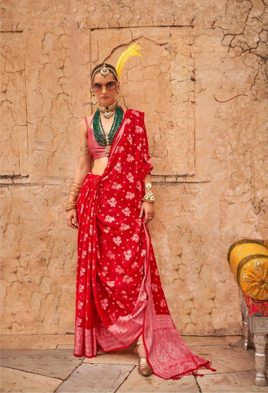 Red Georgette Readymade/Easy Saree - Panaash Saree