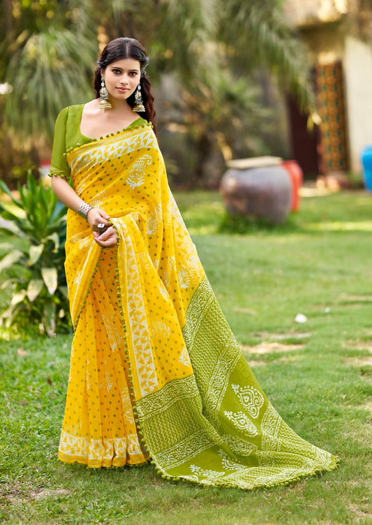 Yellow Mul Mul Cotton Easy/Readymade Saree