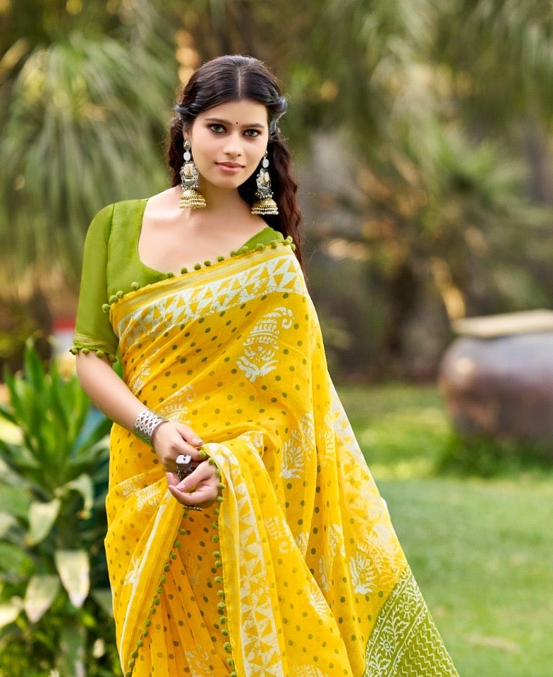 Yellow Mul Mul Cotton Easy/Readymade Saree