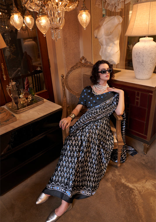 Black Color Office Wear Patola Crepe Silk Easy/Readymade Saree