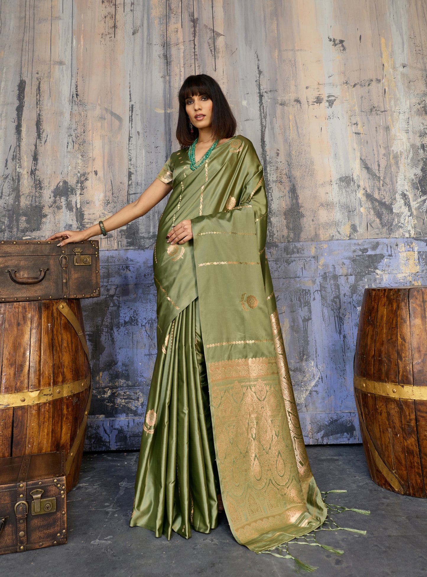 Pista Green Satin Silk Ready To Wear/Easy Saree