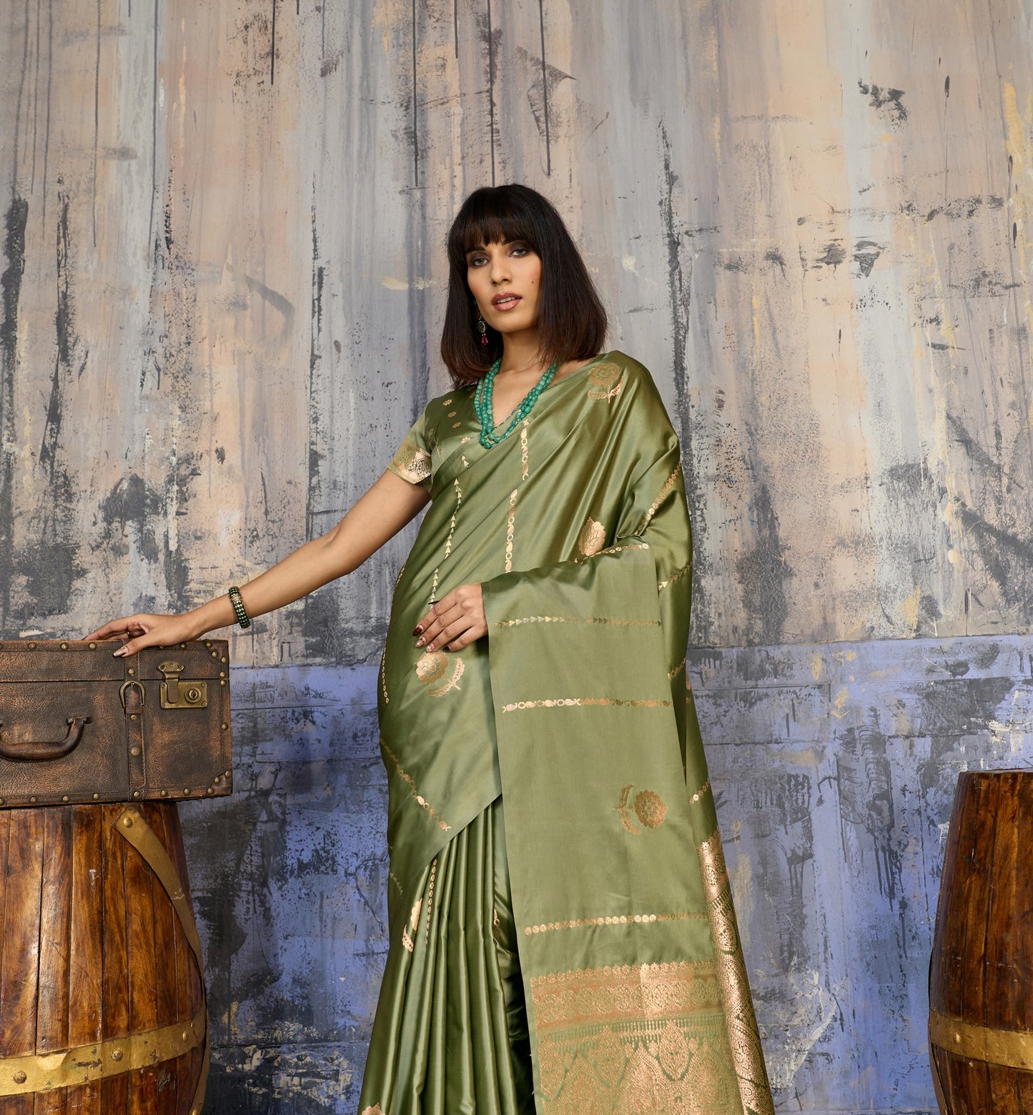Pista Green Satin Silk Ready To Wear/Easy Saree