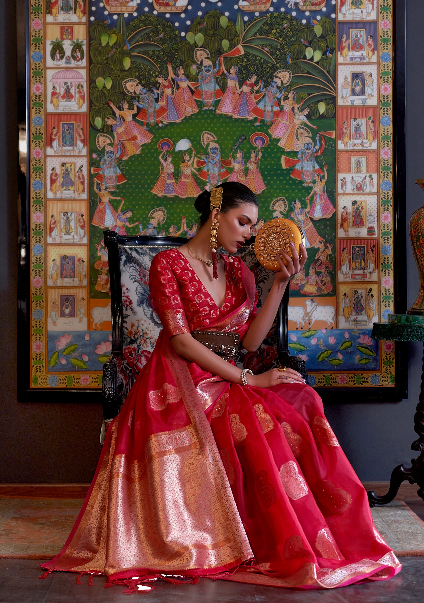 Red Organza Saree With Zari Weaving