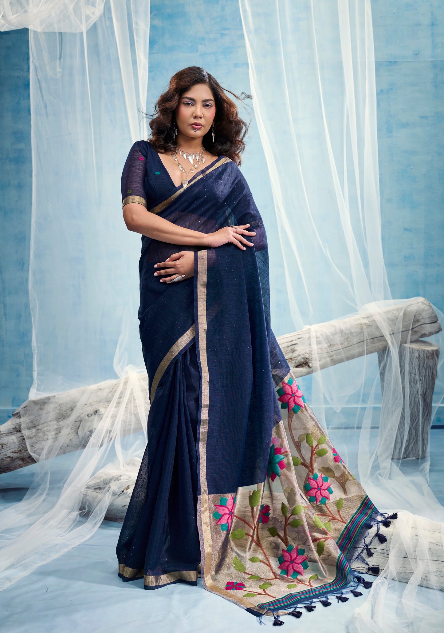 Navy Blue Munga Silk Ready To Wear/Easy Saree
