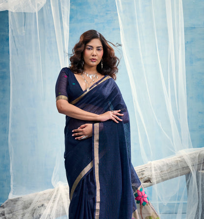 Navy Blue Munga Silk Ready To Wear/Easy Saree