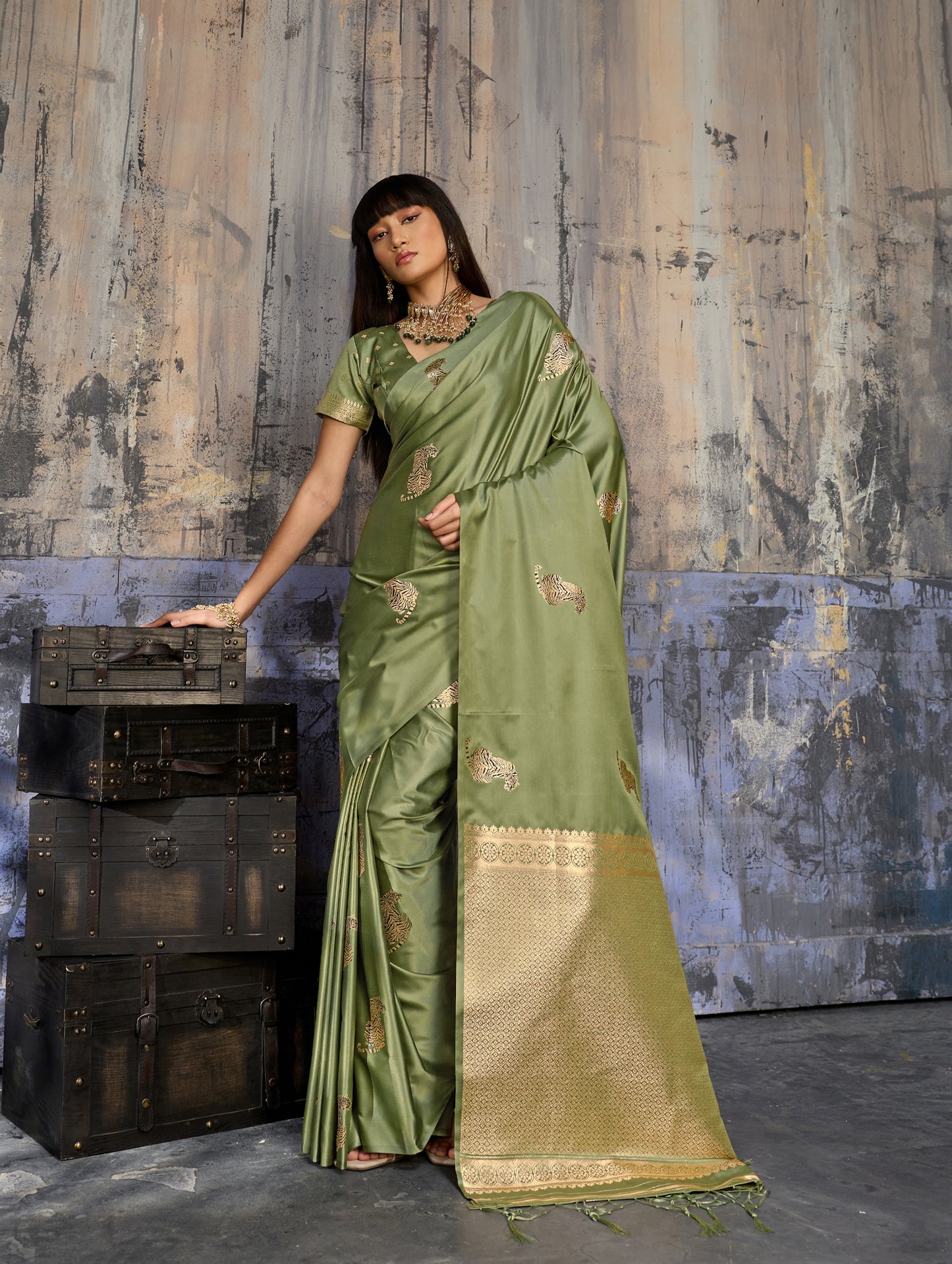 Pista Green Satin Silk Readymade/Easy Saree - Panaash Saree