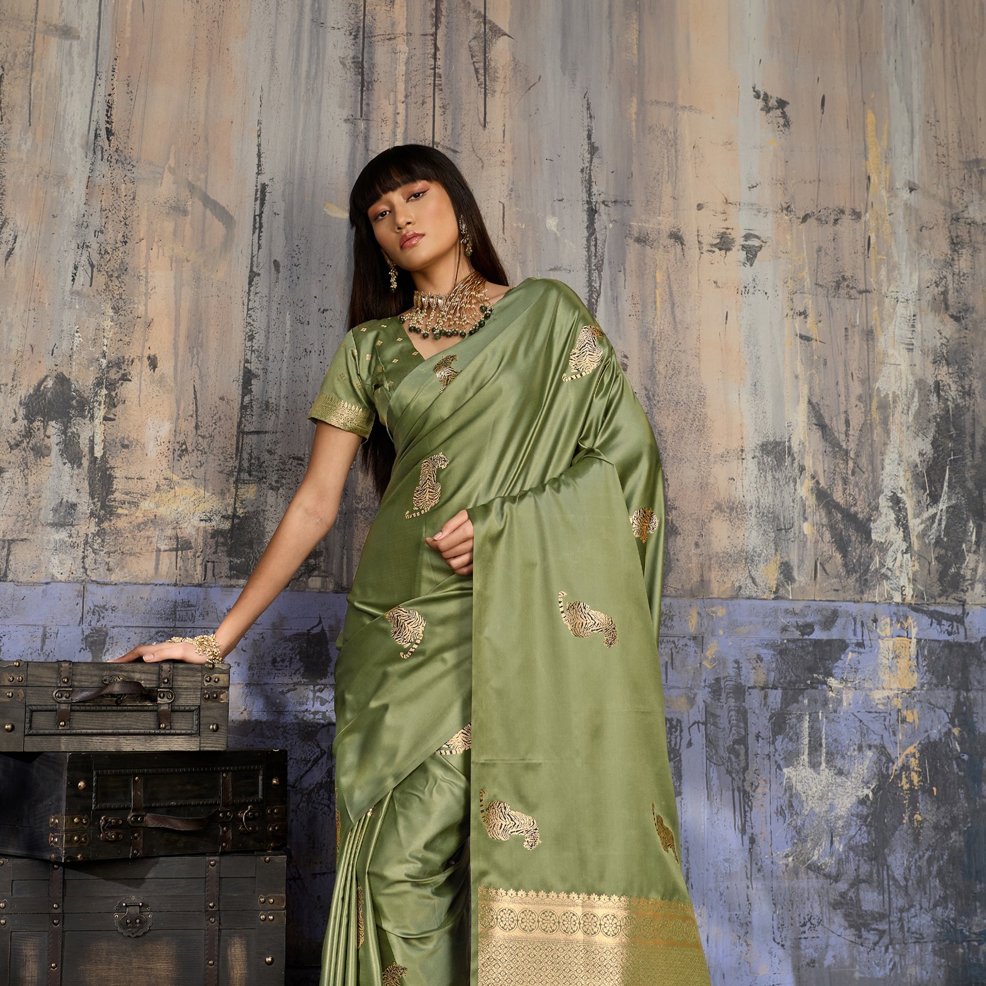 Pista Green Satin Silk Readymade/Easy Saree - Panaash Saree