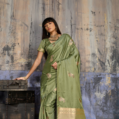 Pista Green Satin Silk Readymade/Easy Saree - Panaash Saree