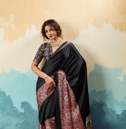 Black Crepe Silk Ready To Wear/Easy Saree - Panaash Saree