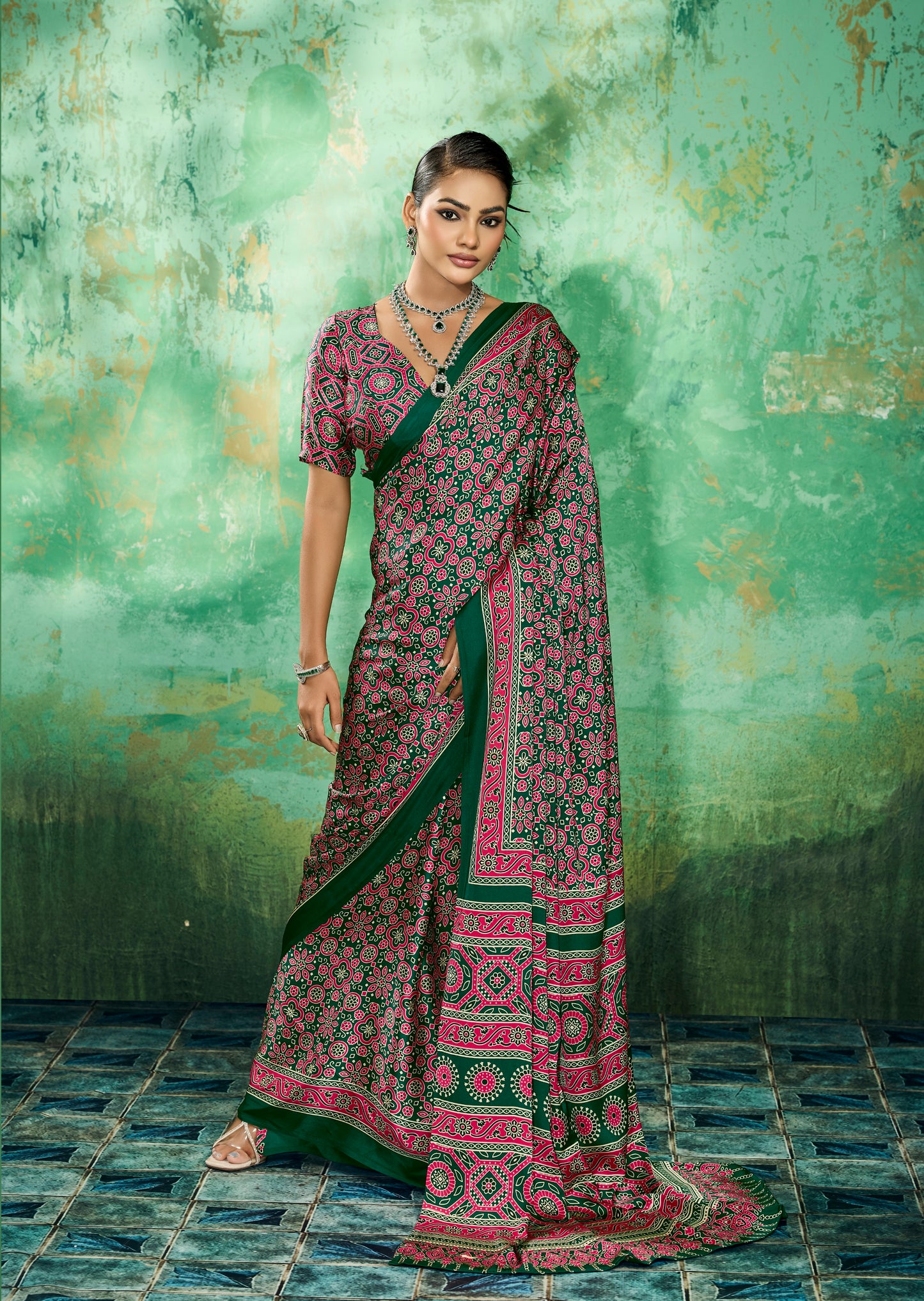 Green Modal Satin Office Wear Ready To Wear/Easy Saree - Panaash Saree
