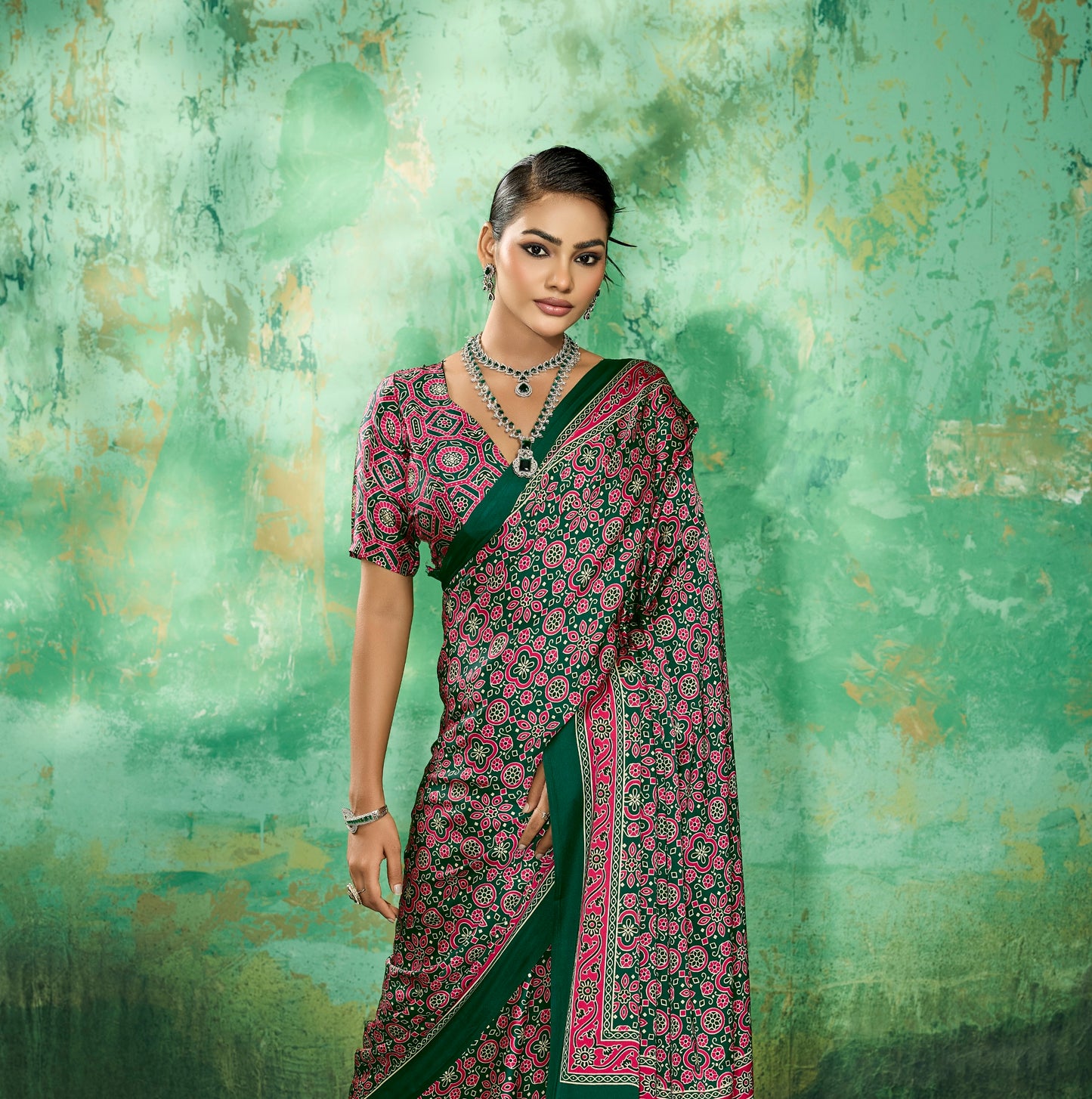 Green Modal Satin Office Wear Ready To Wear/Easy Saree - Panaash Saree