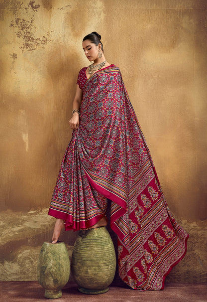 Red Modal Satin Ready To Wear/Easy Saree - Panaash Saree