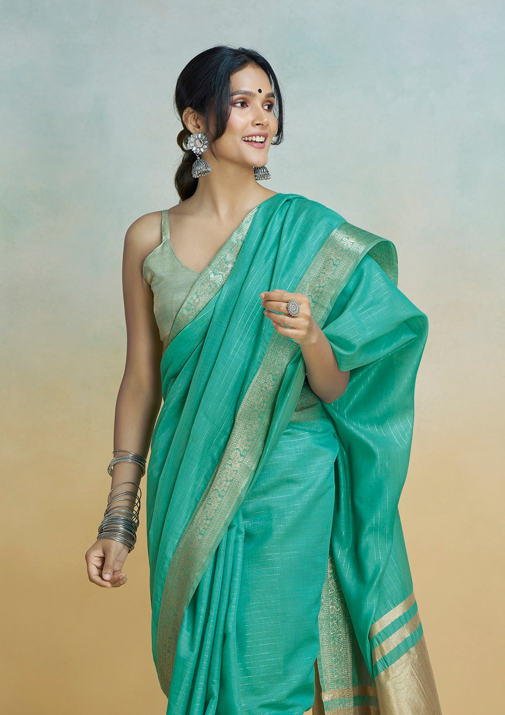 Turquoise Green Khadi Silk Ready To Wear/Easy Saree by Stylebypanaash