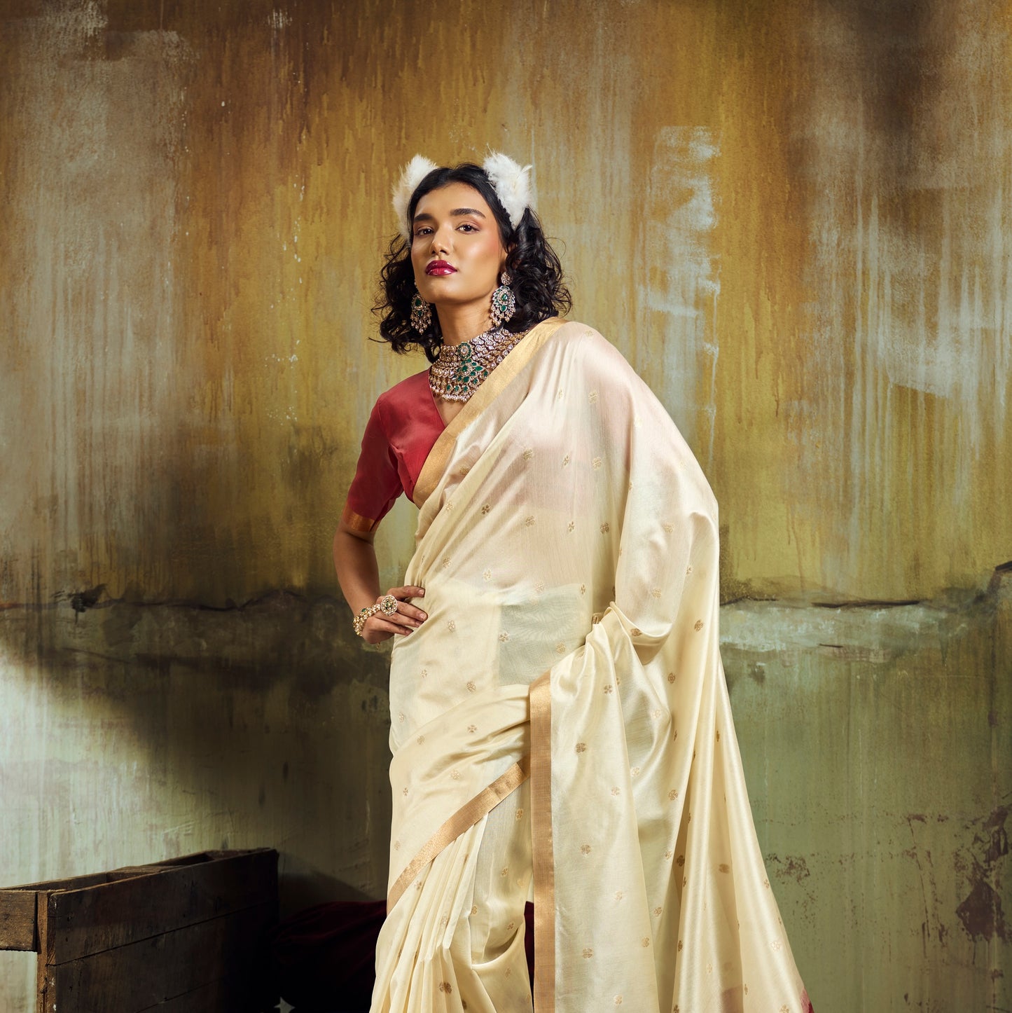 Ivory Munga Silk Ready To Wear/Easy Saree