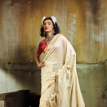 Ivory Munga Silk Ready To Wear/Easy Saree