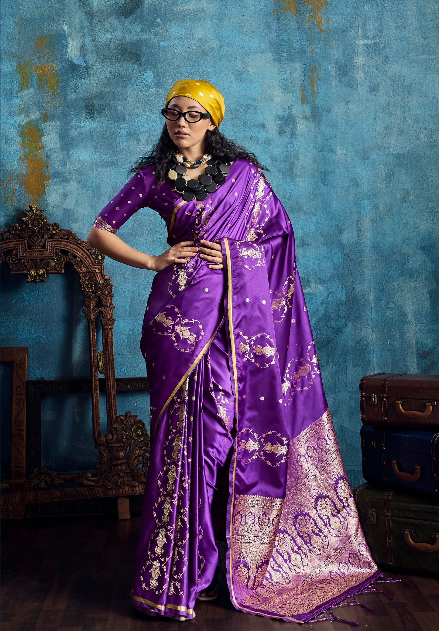 Purple Satin Silk Ready To Wear/Easy Saree