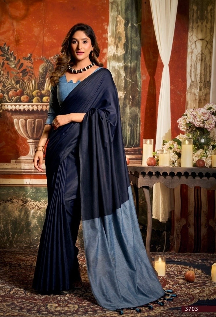Navy cotton easy saree with slate blue drape, beaded necklace, full-length view
