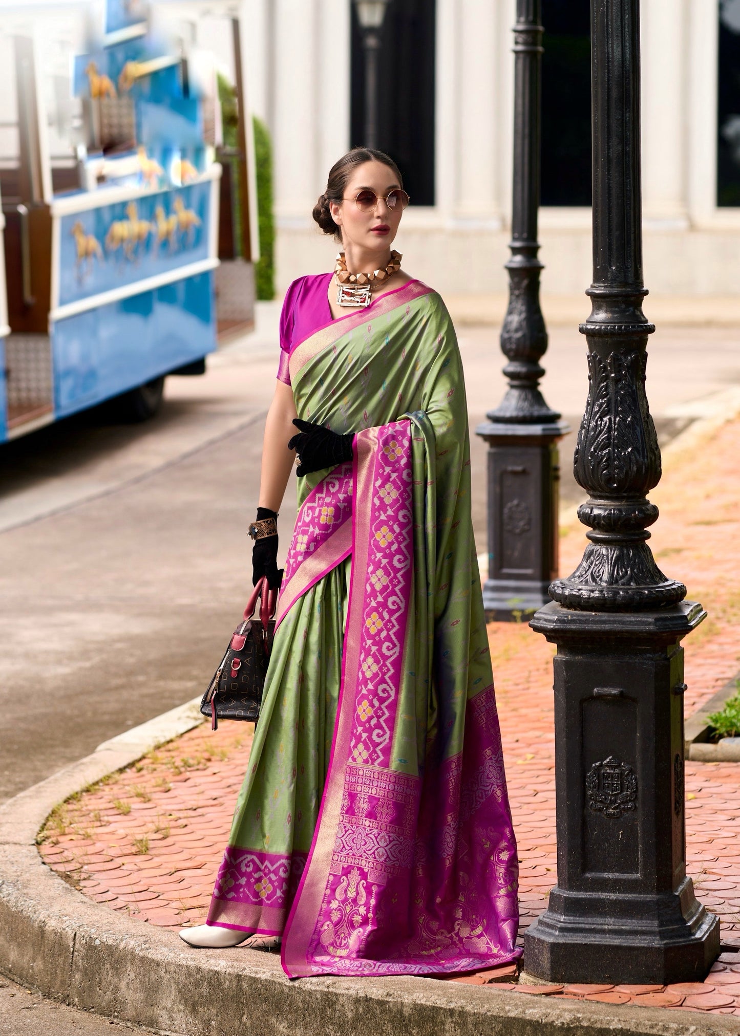 Light Green Color Ikkat Silk Readymade/Easy Saree