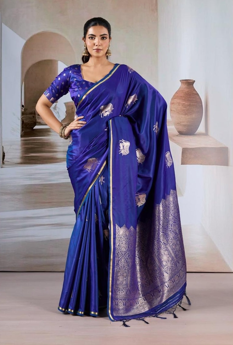 Royal Blue Satin Silk Readymade/Easy Saree