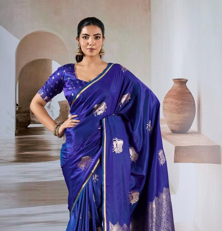 Royal Blue Satin Silk Readymade/Easy Saree