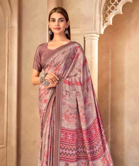 Mauve pink crepe silk printed saree with floral motifs and red border