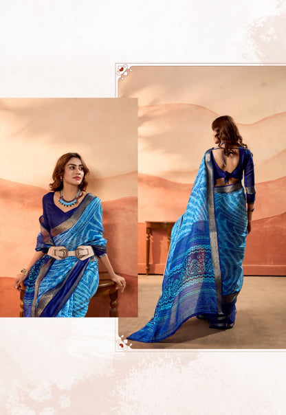 Blue Color Silk Cotton Readymade/Easy Saree