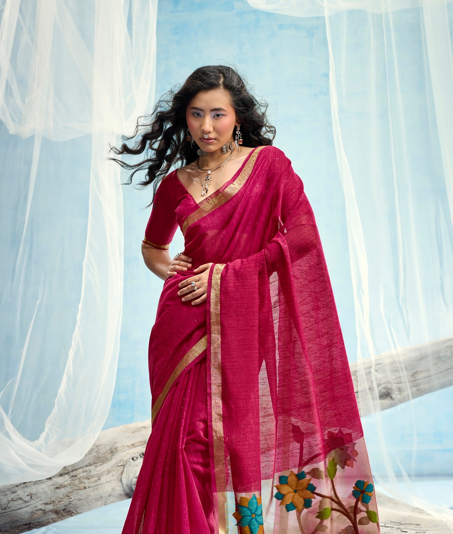 Pink Munga Silk Ready To Wear/Easy Saree