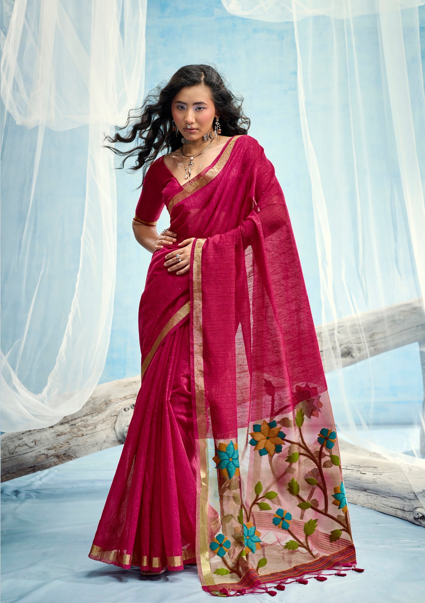 Pink Munga Silk Ready To Wear/Easy Saree