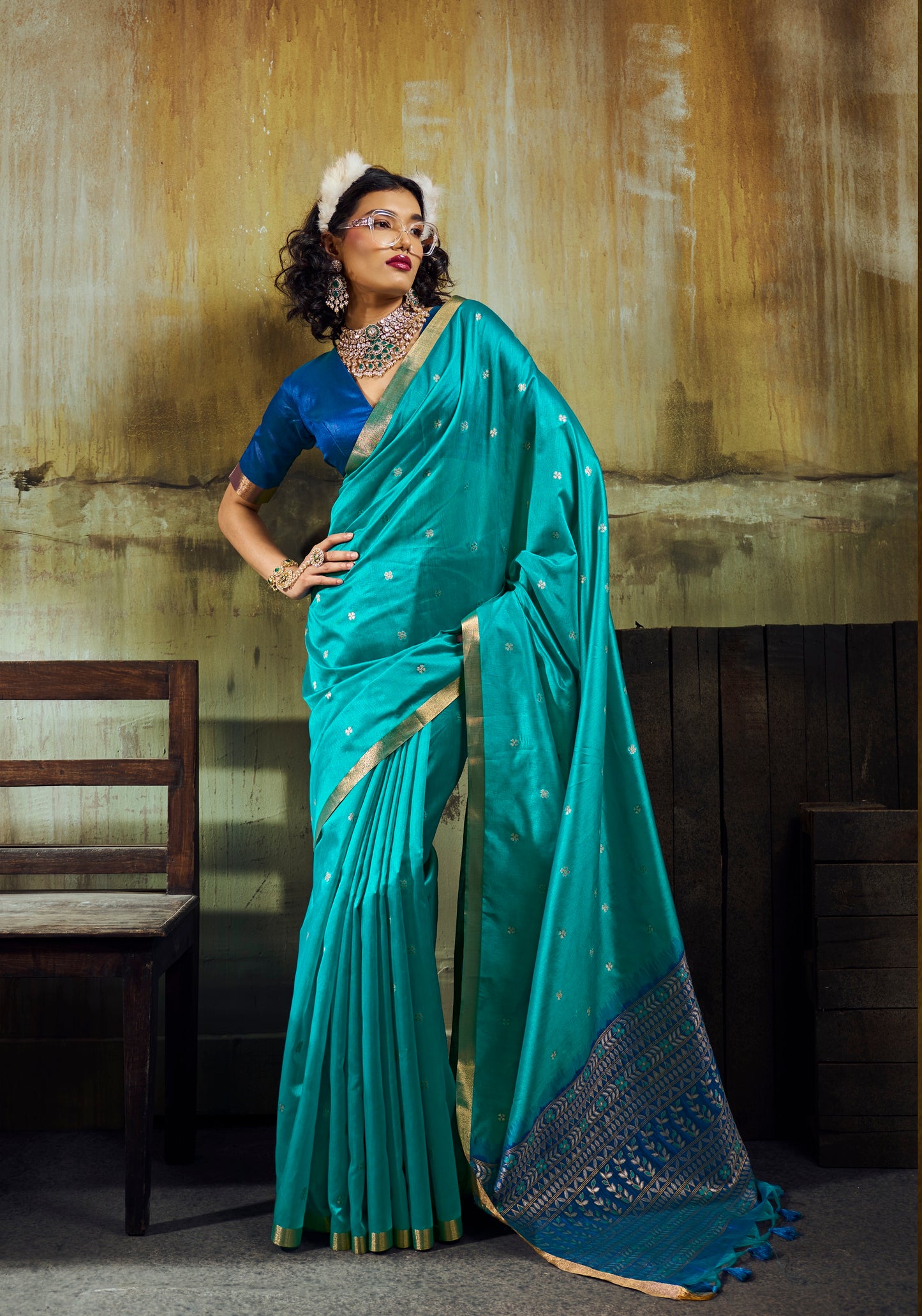 Turquoise Munga Silk Ready To Wear/Easy Saree