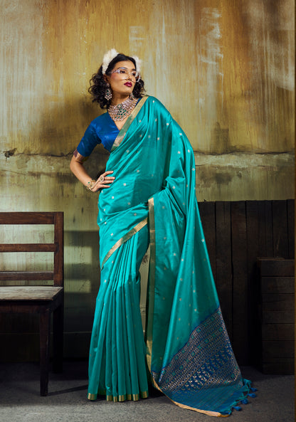Turquoise Munga Silk Ready To Wear/Easy Saree