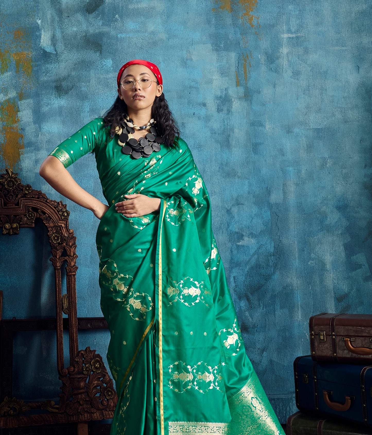 Green Satin Silk Ready To Wear/Easy Saree