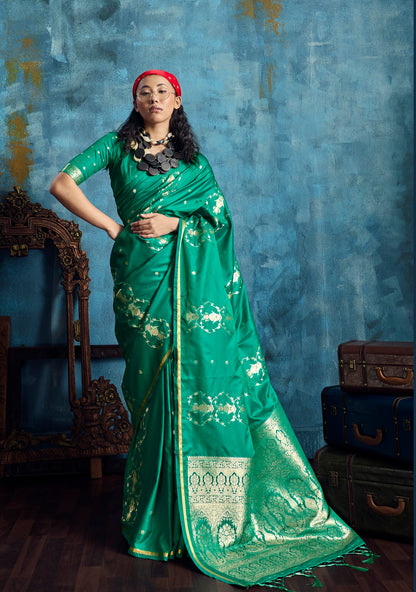 Green Satin Silk Ready To Wear/Easy Saree